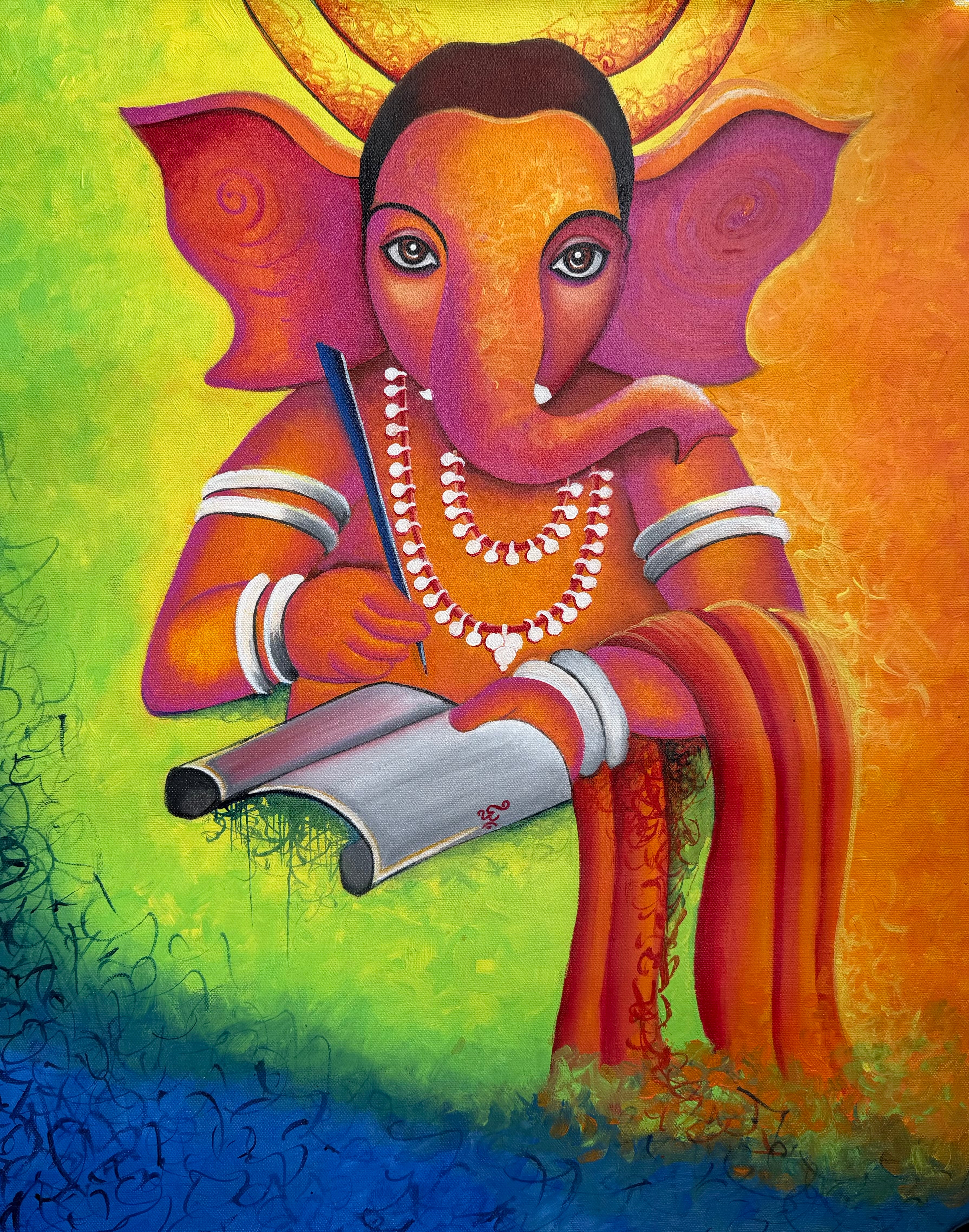 Writing Ganesha Acrylic On Canvas