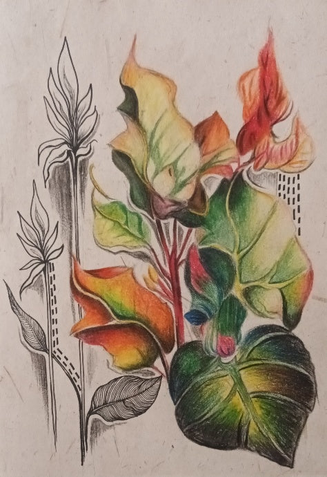 White & Colorful Flowers Pen Drawing Artwork (2 Pieces)